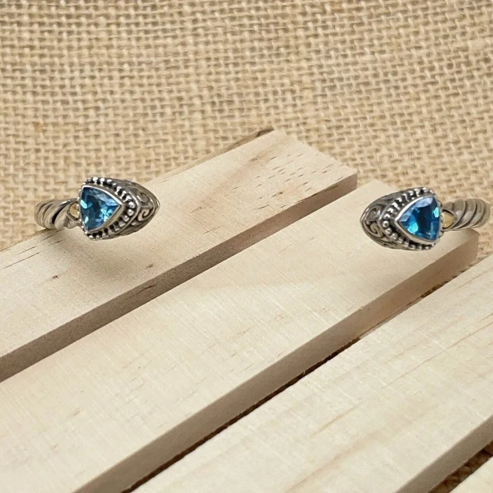 Cuff Bracelet Sterling Silver 18K Gold Blue Topaz Bali Designs Trillion Cut 6.75